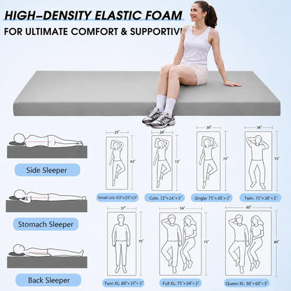 3 Inch Memory Foam Camping Pad, Camping Essentials Roll Up Floor Mat for Car Camping, Cot, Tent, Truck, Travel and Guest Use, Non-Slip Waterproof Bottom, Removable Cover