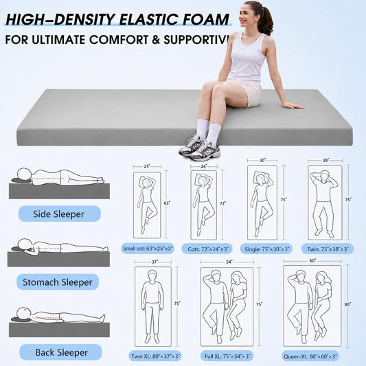 3 Inch Memory Foam Camping Pad, Camping Essentials Roll Up Floor Mat for Car Camping, Cot, Tent, Truck, Travel and Guest Use, Non-Slip Waterproof Bottom, Removable Cover