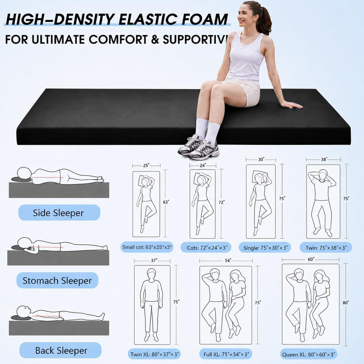 3 Inch Memory Foam Camping Pad, Camping Essentials Roll Up Floor Mat for Car Camping, Cot, Tent, Truck, Travel and Guest Use, Non-Slip Waterproof Bottom, Removable Cover