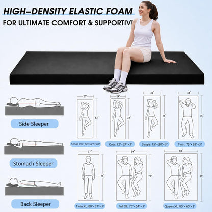 3 Inch Memory Foam Camping Pad, Camping Essentials Roll Up Floor Mat for Car Camping, Cot, Tent, Truck, Travel and Guest Use, Non-Slip Waterproof Bottom, Removable Cover