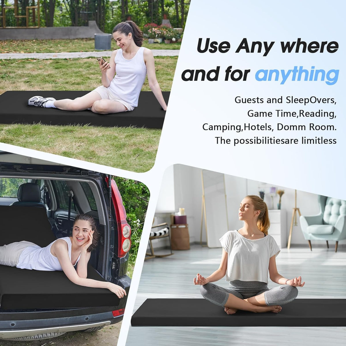 3 Inch Memory Foam Camping Pad, Camping Essentials Roll Up Floor Mat for Car Camping, Cot, Tent, Truck, Travel and Guest Use, Non-Slip Waterproof Bottom, Removable Cover
