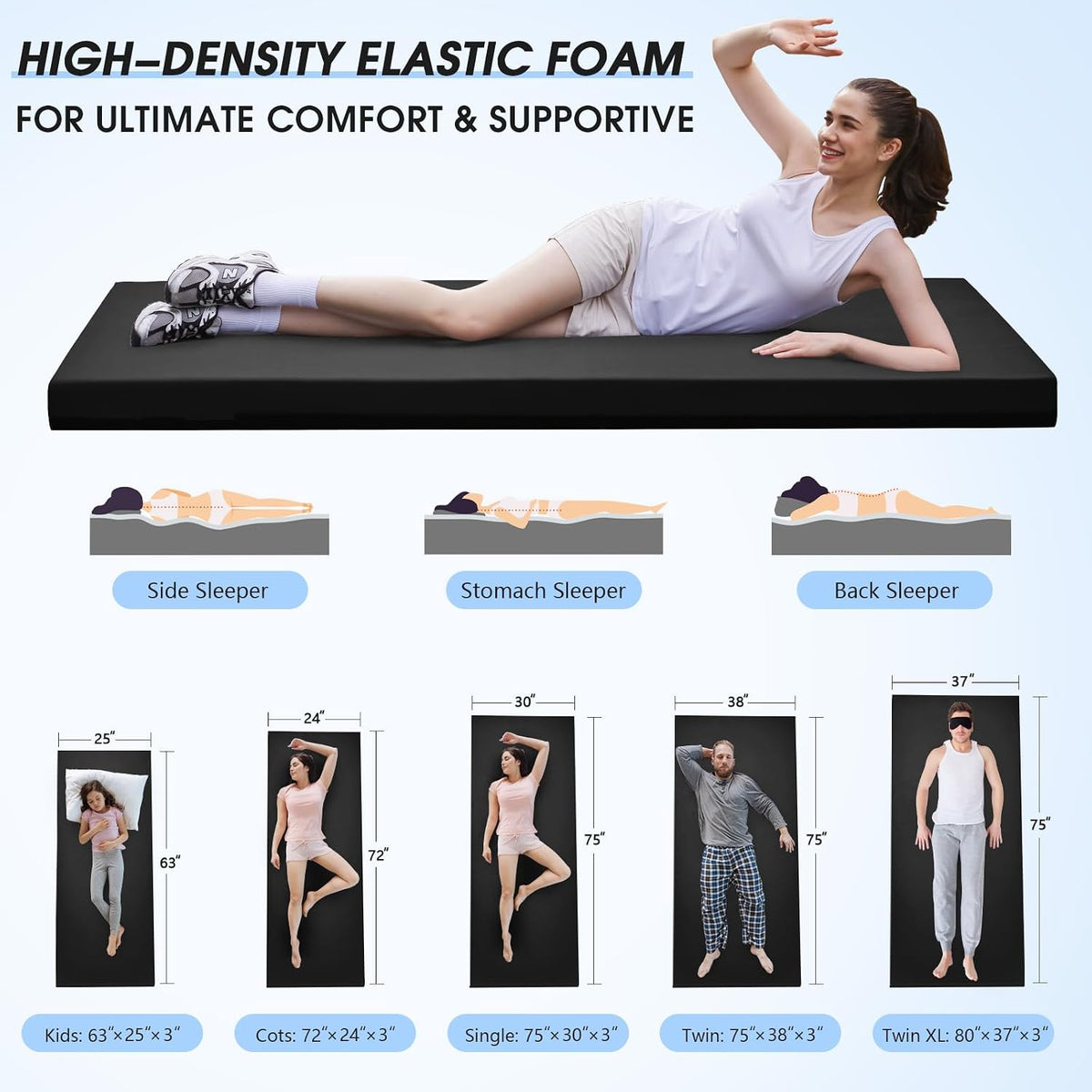 3 Inch Memory Foam Camping Pad, Camping Essentials Roll Up Floor Mat for Car Camping, Cot, Tent, Truck, Travel and Guest Use, Non-Slip Waterproof Bottom, Removable Cover