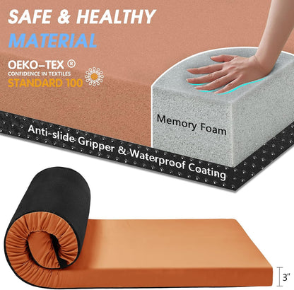 3 Inch Memory Foam Camping Pad, Camping Essentials Roll Up Floor Mat for Car Camping, Cot, Tent, Truck, Travel and Guest Use, Non-Slip Waterproof Bottom, Removable Cover
