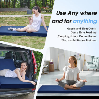 3 Inch Memory Foam Camping Pad, Camping Essentials Roll Up Floor Mat for Car Camping, Cot, Tent, Truck, Travel and Guest Use, Non-Slip Waterproof Bottom, Removable Cover