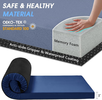 3 Inch Memory Foam Camping Pad, Camping Essentials Roll Up Floor Mat for Car Camping, Cot, Tent, Truck, Travel and Guest Use, Non-Slip Waterproof Bottom, Removable Cover