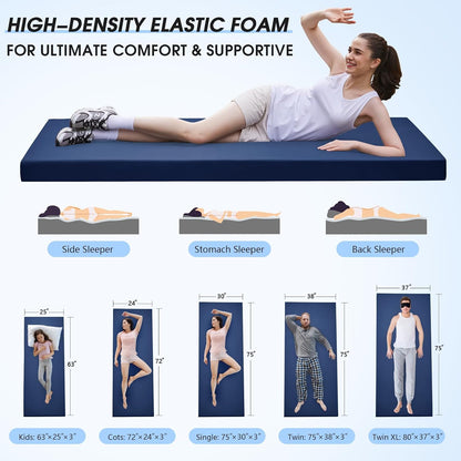 3 Inch Memory Foam Camping Pad, Camping Essentials Roll Up Floor Mat for Car Camping, Cot, Tent, Truck, Travel and Guest Use, Non-Slip Waterproof Bottom, Removable Cover