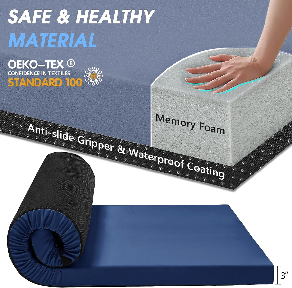 3 Inch Memory Foam Camping Pad, Camping Essentials Roll Up Floor Mat for Car Camping, Cot, Tent, Truck, Travel and Guest Use, Non-Slip Waterproof Bottom, Removable Cover