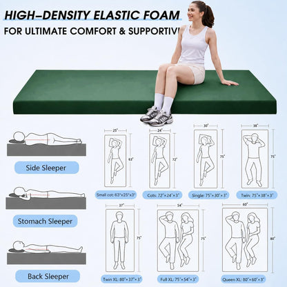 3 Inch Memory Foam Camping Pad, Camping Essentials Roll Up Floor Mat for Car Camping, Cot, Tent, Truck, Travel and Guest Use, Non-Slip Waterproof Bottom, Removable Cover