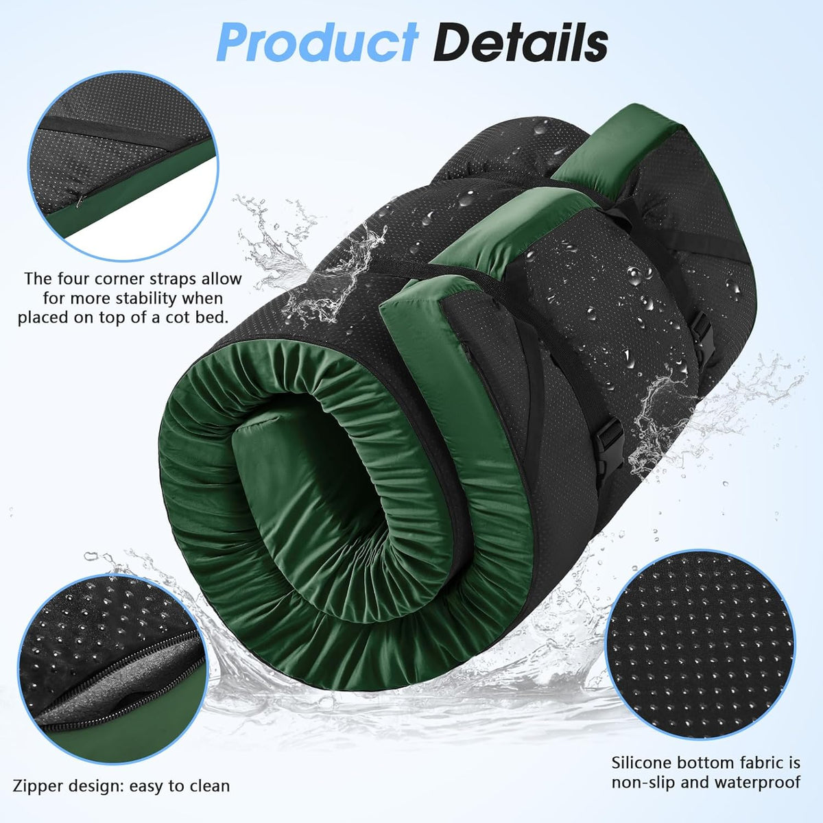 3 Inch Memory Foam Camping Pad, Camping Essentials Roll Up Floor Mat for Car Camping, Cot, Tent, Truck, Travel and Guest Use, Non-Slip Waterproof Bottom, Removable Cover