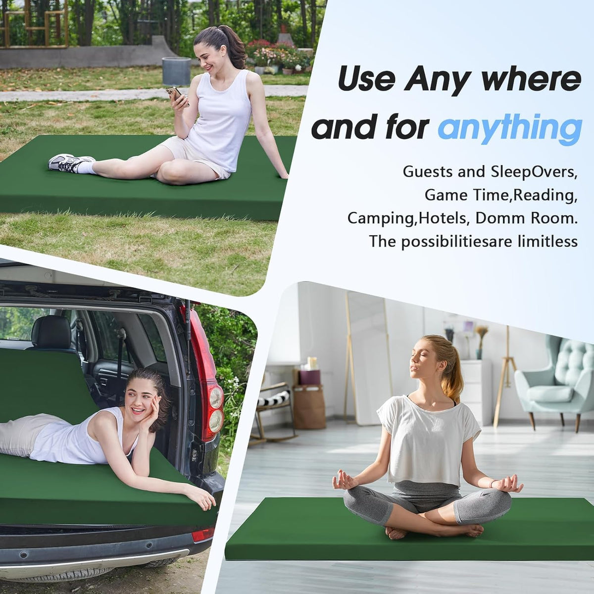 3 Inch Memory Foam Camping Pad, Camping Essentials Roll Up Floor Mat for Car Camping, Cot, Tent, Truck, Travel and Guest Use, Non-Slip Waterproof Bottom, Removable Cover