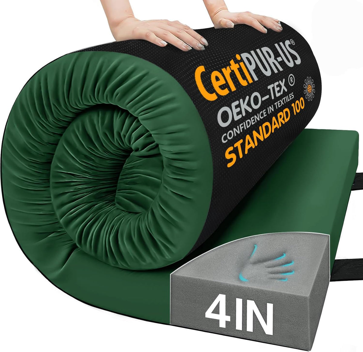 3 Inch Memory Foam Camping Pad, Camping Essentials Roll Up Floor Mat for Car Camping, Cot, Tent, Truck, Travel and Guest Use, Non-Slip Waterproof Bottom, Removable Cover