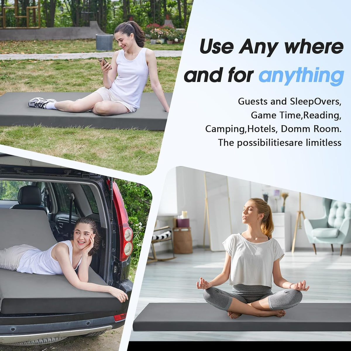 3 Inch Memory Foam Camping Pad, Camping Essentials Roll Up Floor Mat for Car Camping, Cot, Tent, Truck, Travel and Guest Use, Non-Slip Waterproof Bottom, Removable Cover
