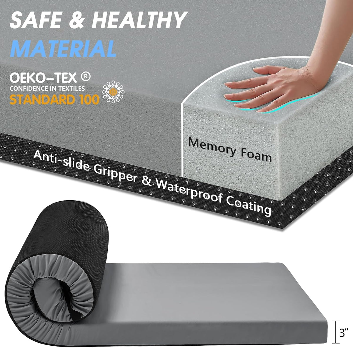 3 Inch Memory Foam Camping Pad, Camping Essentials Roll Up Floor Mat for Car Camping, Cot, Tent, Truck, Travel and Guest Use, Non-Slip Waterproof Bottom, Removable Cover