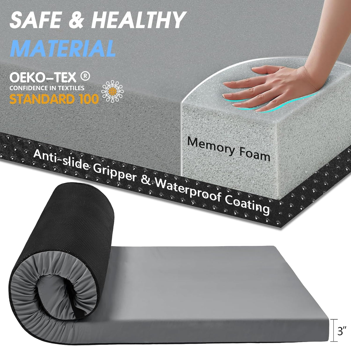 3 Inch Memory Foam Camping Pad, Camping Essentials Roll Up Floor Mat for Car Camping, Cot, Tent, Truck, Travel and Guest Use, Non-Slip Waterproof Bottom, Removable Cover