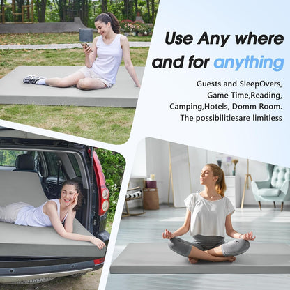 3 Inch Memory Foam Camping Pad, Camping Essentials Roll Up Floor Mat for Car Camping, Cot, Tent, Truck, Travel and Guest Use, Non-Slip Waterproof Bottom, Removable Cover