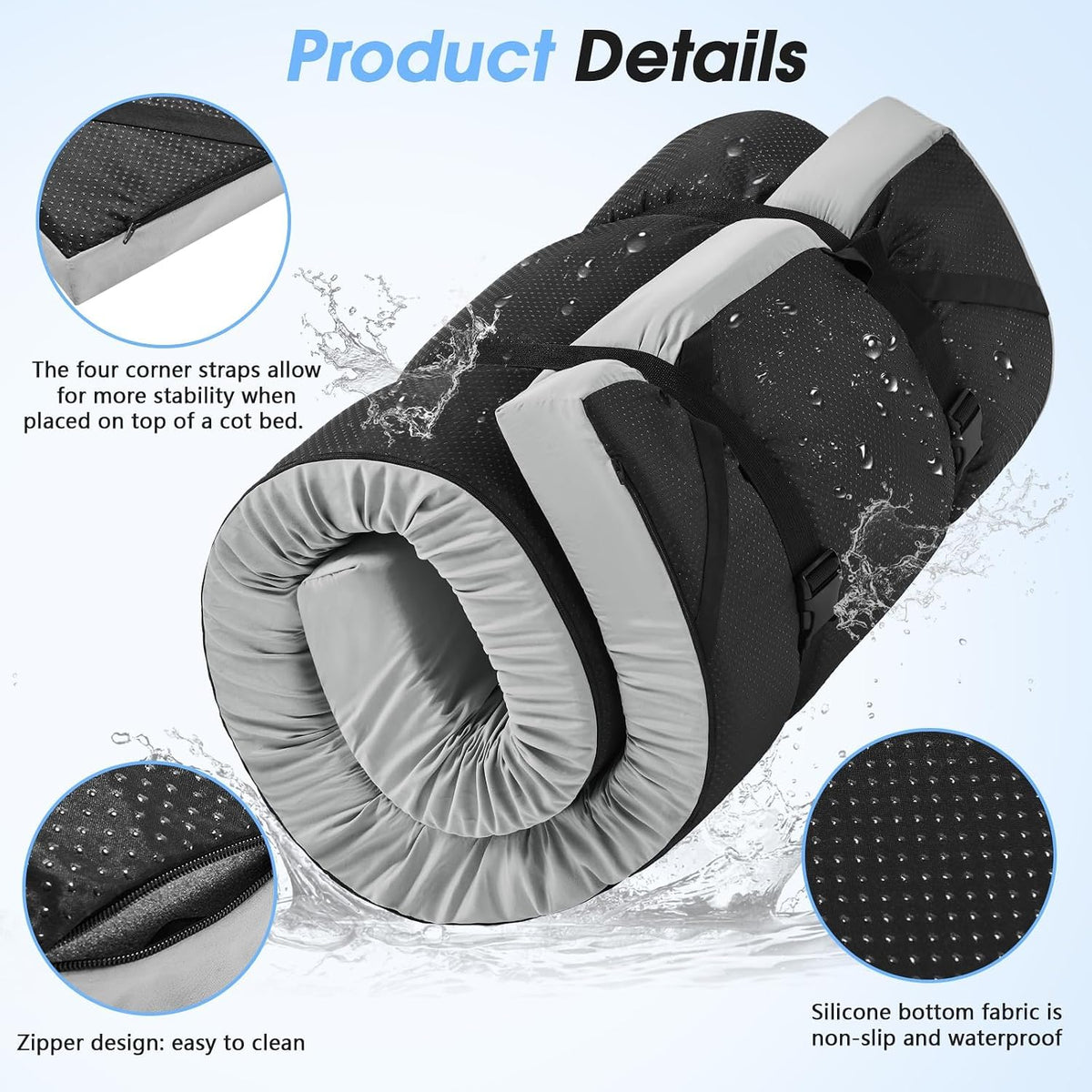 3 Inch Memory Foam Camping Pad, Camping Essentials Roll Up Floor Mat for Car Camping, Cot, Tent, Truck, Travel and Guest Use, Non-Slip Waterproof Bottom, Removable Cover