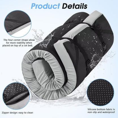 3 Inch Memory Foam Camping Pad, Camping Essentials Roll Up Floor Mat for Car Camping, Cot, Tent, Truck, Travel and Guest Use, Non-Slip Waterproof Bottom, Removable Cover