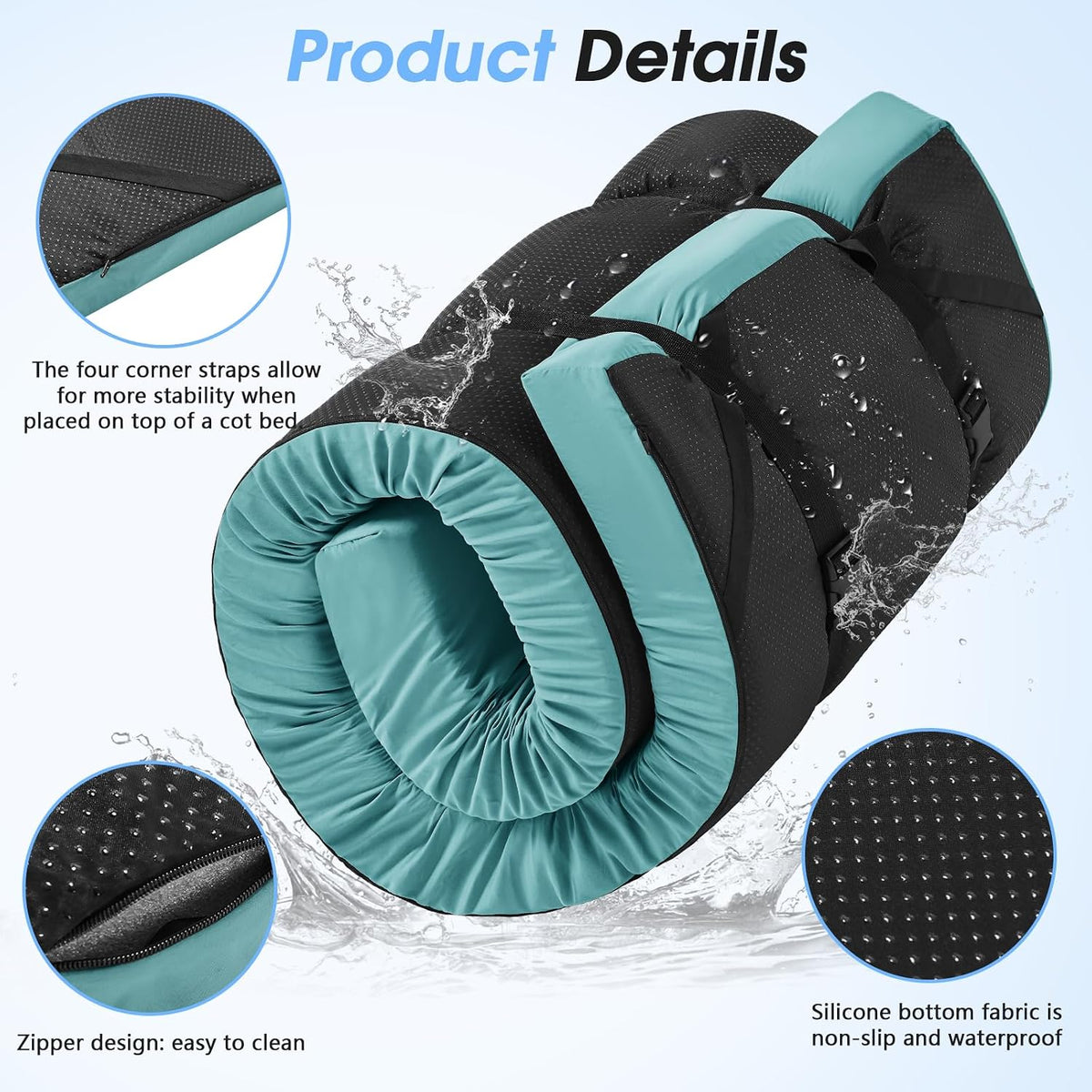3 Inch Memory Foam Camping Pad, Camping Essentials Roll Up Floor Mat for Car Camping, Cot, Tent, Truck, Travel and Guest Use, Non-Slip Waterproof Bottom, Removable Cover