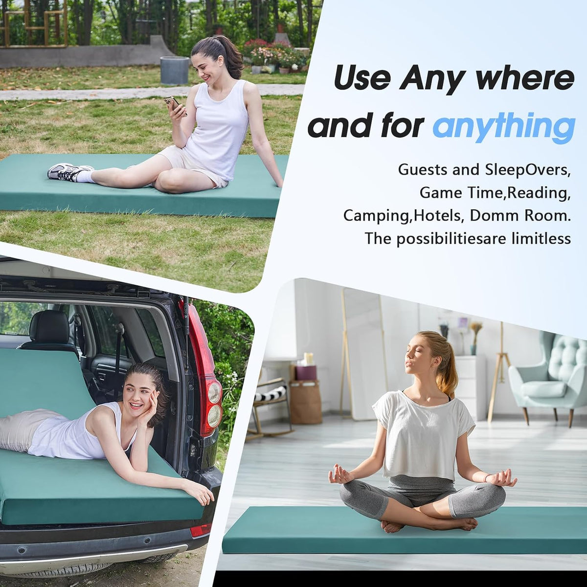 3 Inch Memory Foam Camping Pad, Camping Essentials Roll Up Floor Mat for Car Camping, Cot, Tent, Truck, Travel and Guest Use, Non-Slip Waterproof Bottom, Removable Cover