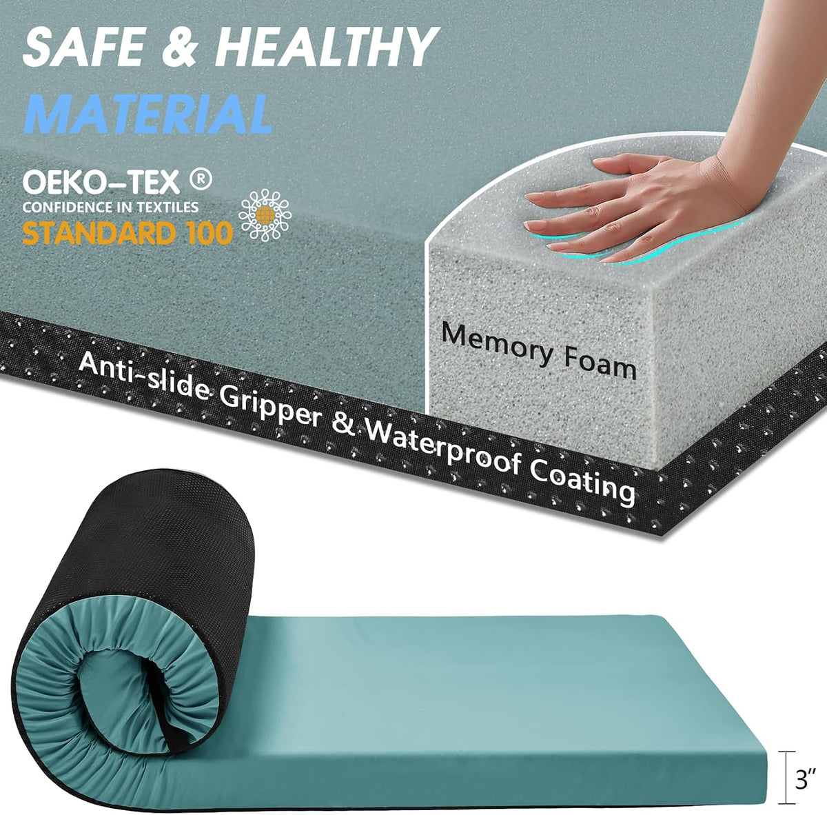 3 Inch Memory Foam Camping Pad, Camping Essentials Roll Up Floor Mat for Car Camping, Cot, Tent, Truck, Travel and Guest Use, Non-Slip Waterproof Bottom, Removable Cover