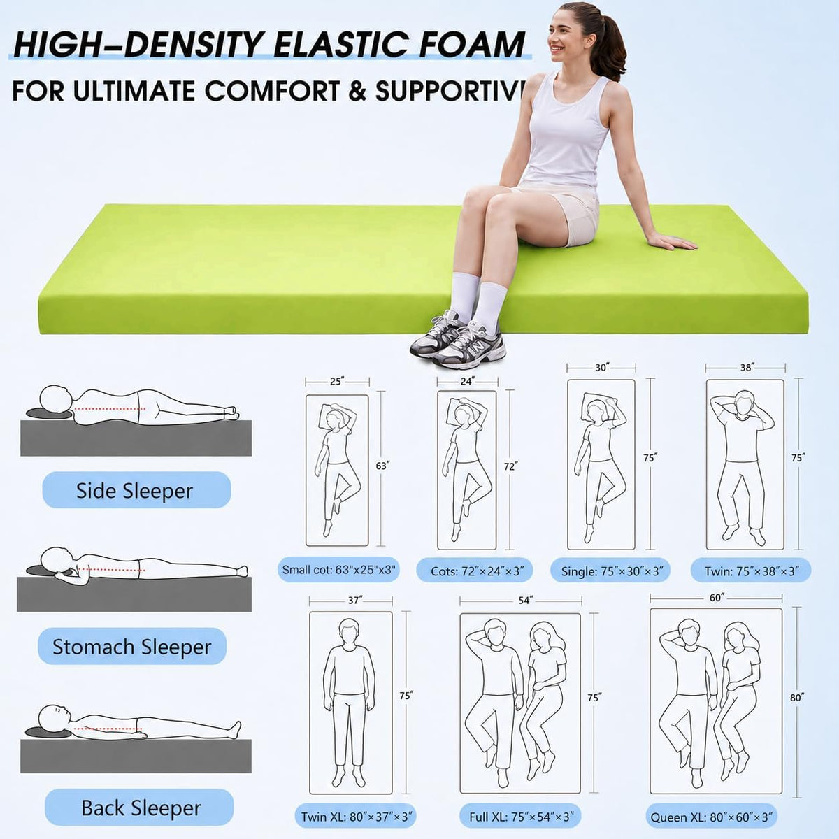 3 Inch Memory Foam Camping Pad, Camping Essentials Roll Up Floor Mat for Car Camping, Cot, Tent, Truck, Travel and Guest Use, Non-Slip Waterproof Bottom, Removable Cover
