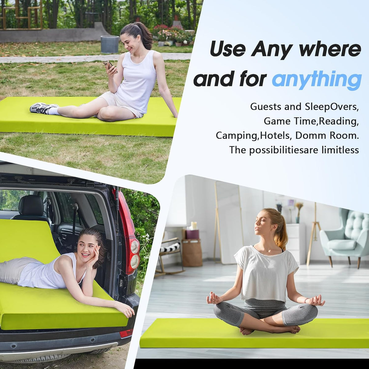 3 Inch Memory Foam Camping Pad, Camping Essentials Roll Up Floor Mat for Car Camping, Cot, Tent, Truck, Travel and Guest Use, Non-Slip Waterproof Bottom, Removable Cover