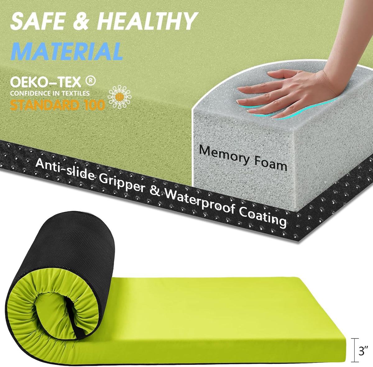 3 Inch Memory Foam Camping Pad, Camping Essentials Roll Up Floor Mat for Car Camping, Cot, Tent, Truck, Travel and Guest Use, Non-Slip Waterproof Bottom, Removable Cover