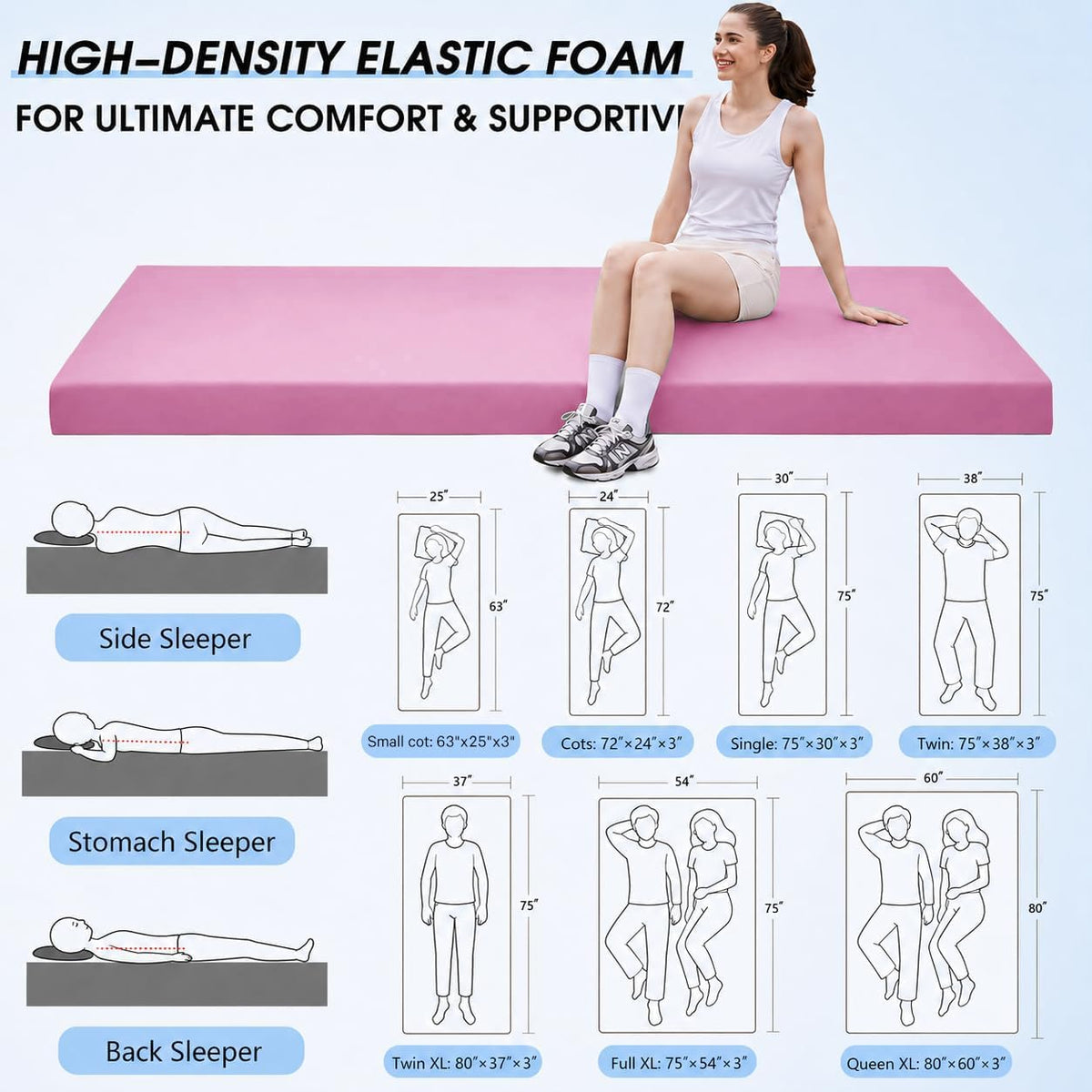 3 Inch Memory Foam Camping Pad, Camping Essentials Roll Up Floor Mat for Car Camping, Cot, Tent, Truck, Travel and Guest Use, Non-Slip Waterproof Bottom, Removable Cover