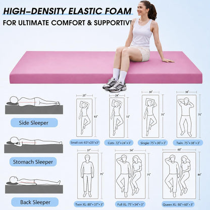 3 Inch Memory Foam Camping Pad, Camping Essentials Roll Up Floor Mat for Car Camping, Cot, Tent, Truck, Travel and Guest Use, Non-Slip Waterproof Bottom, Removable Cover