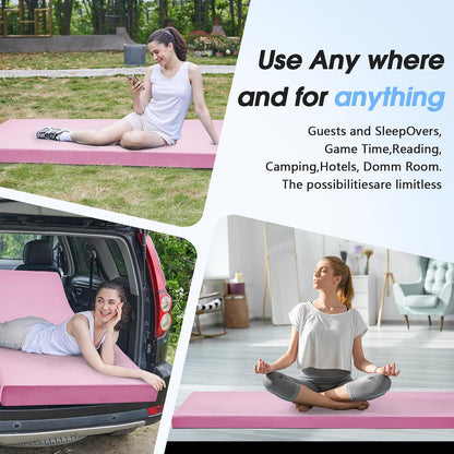 3 Inch Memory Foam Camping Pad, Camping Essentials Roll Up Floor Mat for Car Camping, Cot, Tent, Truck, Travel and Guest Use, Non-Slip Waterproof Bottom, Removable Cover