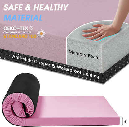 3 Inch Memory Foam Camping Pad, Camping Essentials Roll Up Floor Mat for Car Camping, Cot, Tent, Truck, Travel and Guest Use, Non-Slip Waterproof Bottom, Removable Cover