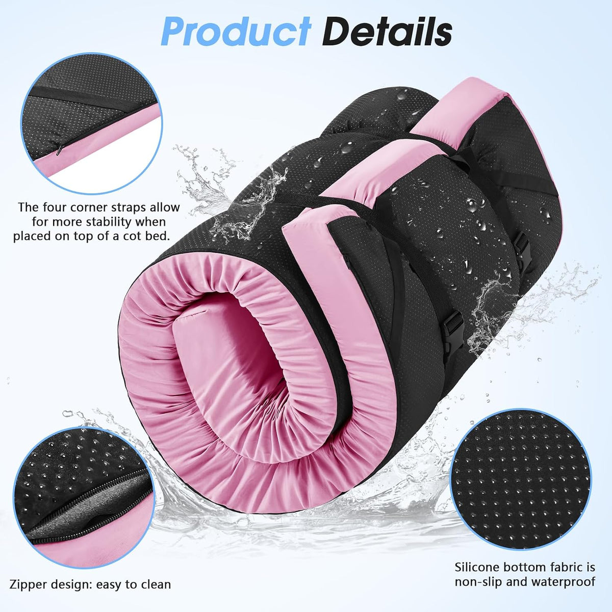 3 Inch Memory Foam Camping Pad, Camping Essentials Roll Up Floor Mat for Car Camping, Cot, Tent, Truck, Travel and Guest Use, Non-Slip Waterproof Bottom, Removable Cover