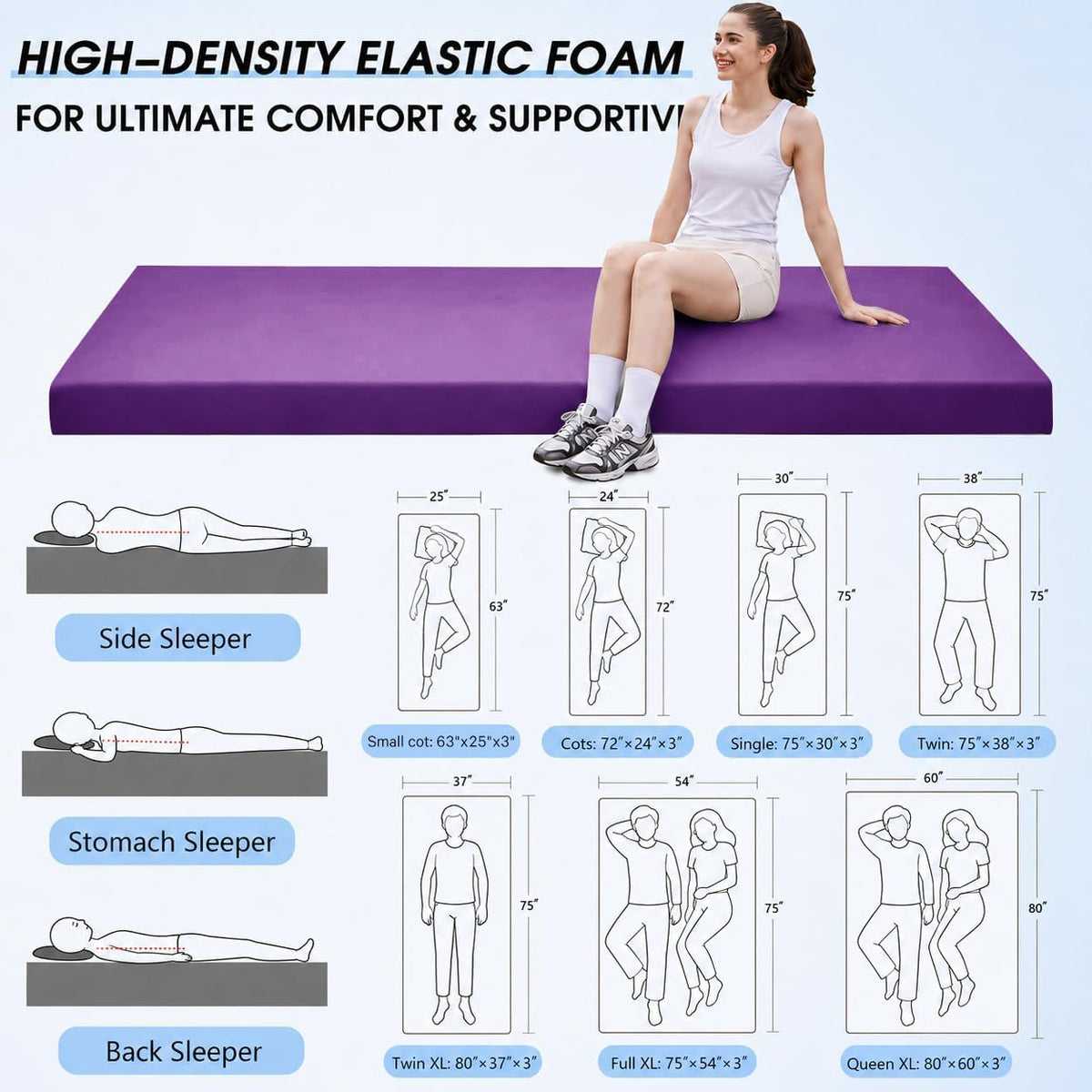 3 Inch Memory Foam Camping Pad, Camping Essentials Roll Up Floor Mat for Car Camping, Cot, Tent, Truck, Travel and Guest Use, Non-Slip Waterproof Bottom, Removable Cover
