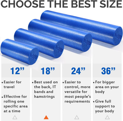 Medium Firm Round PE Foam Roller 12, 18, 24, 36 Inches for Pilates, Yoga, Stretching, Balance & Core Exercises