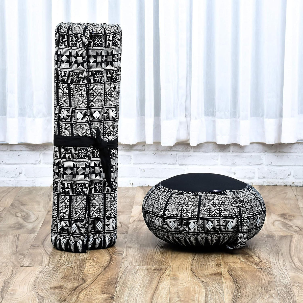 Meditation Cushion Set – 1 Round Zafu Meditation Pillow and 1 Square Roll-Up Zabuton Meditation Mat, Pillows Bundle Filled with Kapok