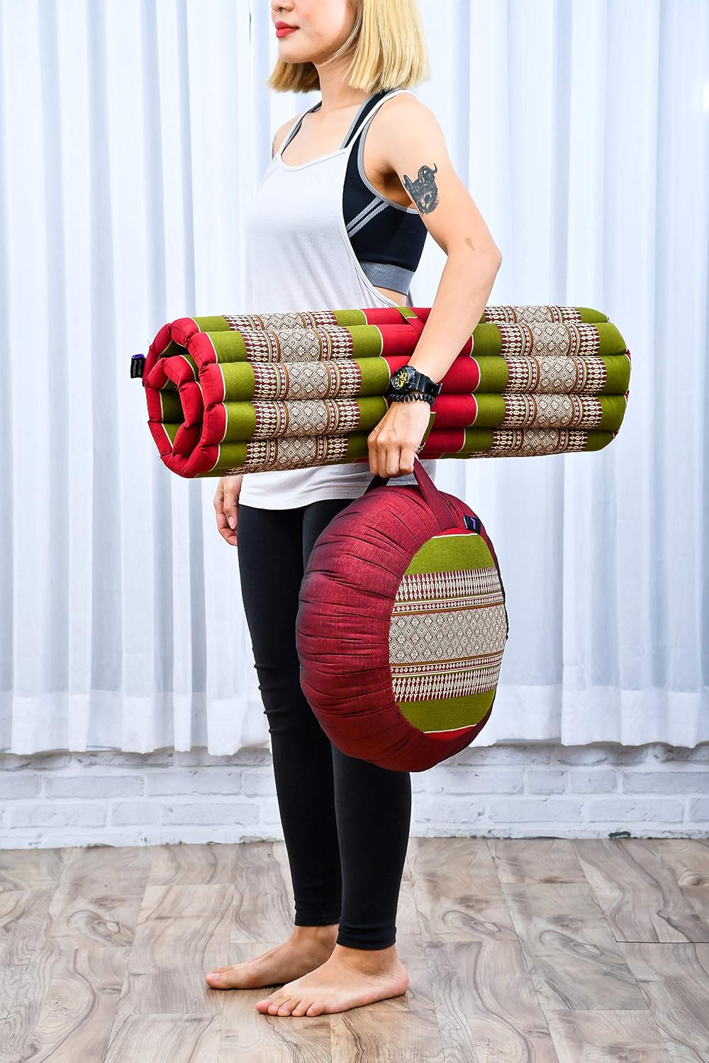 Meditation Cushion Set – 1 Round Zafu Meditation Pillow and 1 Square Roll-Up Zabuton Meditation Mat, Pillows Bundle Filled with Kapok