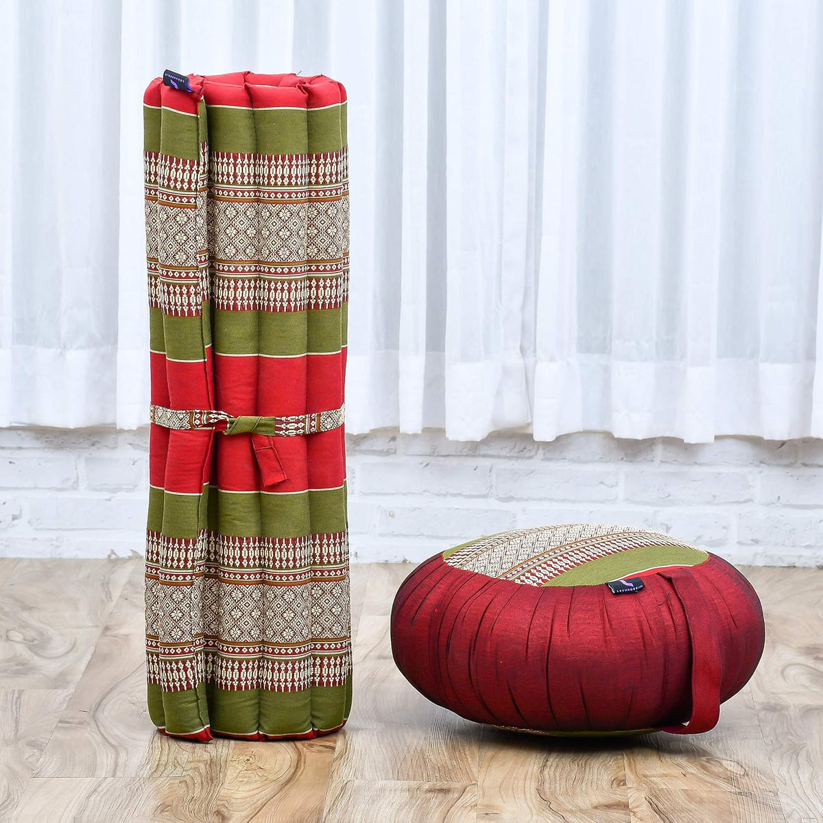 Meditation Cushion Set – 1 Round Zafu Meditation Pillow and 1 Square Roll-Up Zabuton Meditation Mat, Pillows Bundle Filled with Kapok