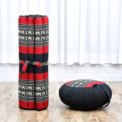 Meditation Cushion Set – 1 Round Zafu Meditation Pillow and 1 Square Roll-Up Zabuton Meditation Mat, Pillows Bundle Filled with Kapok