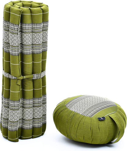 Meditation Cushion Set – 1 Round Zafu Meditation Pillow and 1 Square Roll-Up Zabuton Meditation Mat, Pillows Bundle Filled with Kapok