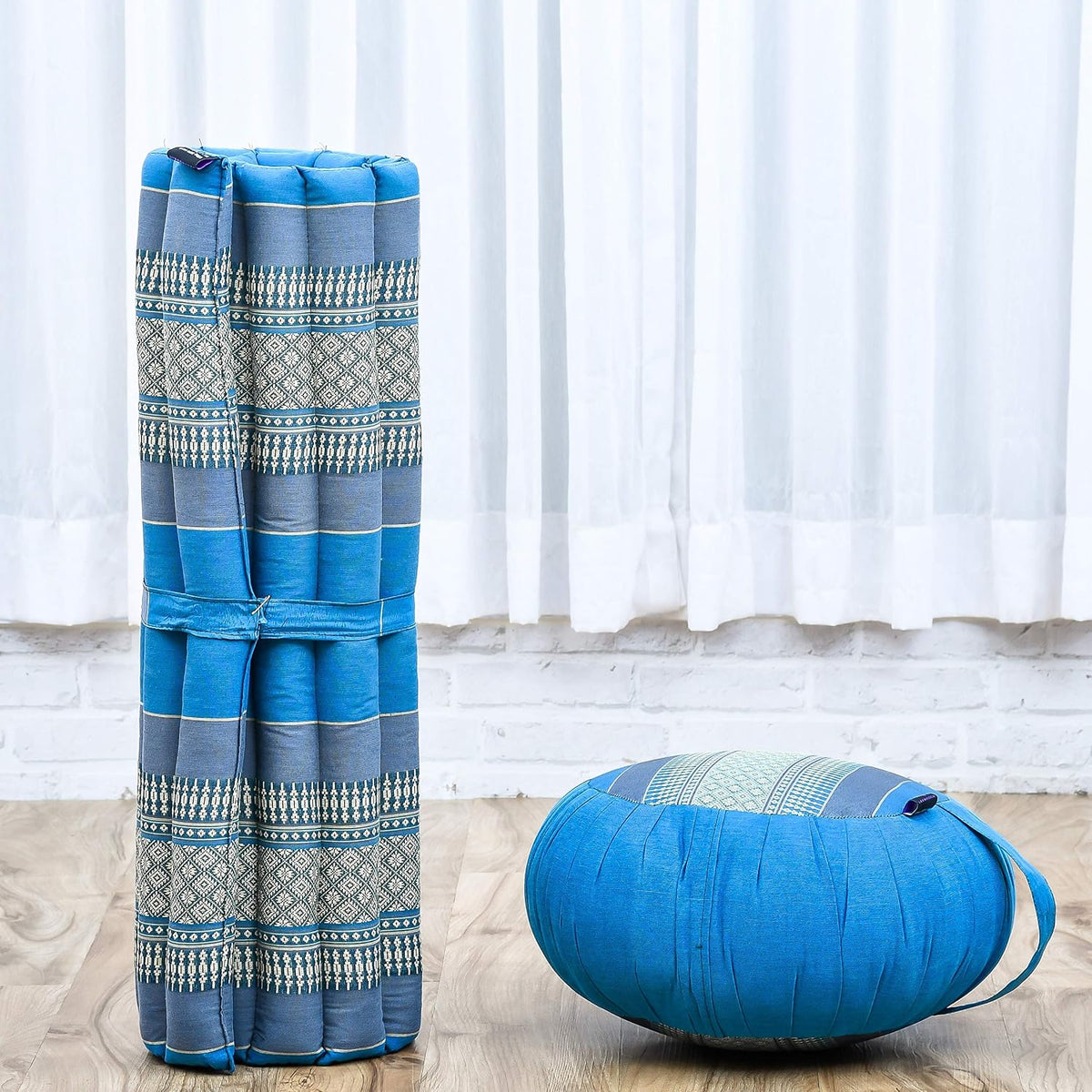 Meditation Cushion Set – 1 Round Zafu Meditation Pillow and 1 Square Roll-Up Zabuton Meditation Mat, Pillows Bundle Filled with Kapok