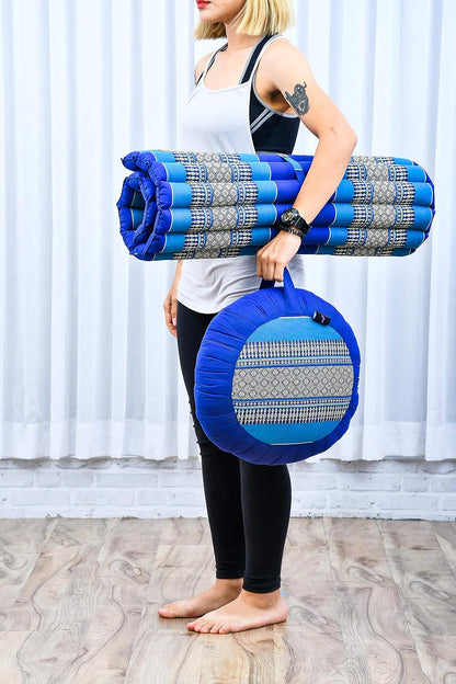 Meditation Cushion Set – 1 Round Zafu Meditation Pillow and 1 Square Roll-Up Zabuton Meditation Mat, Pillows Bundle Filled with Kapok
