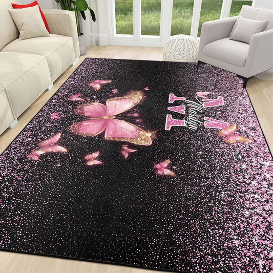 Personalized Family Name Initials Monogram Pink Rug, Shining Butterfly Printed Carpets for Girls Kids Butterfly Theme Living Room Indoor Bedroom Decor 5'×7' Soft Polyester Yoga Mat
