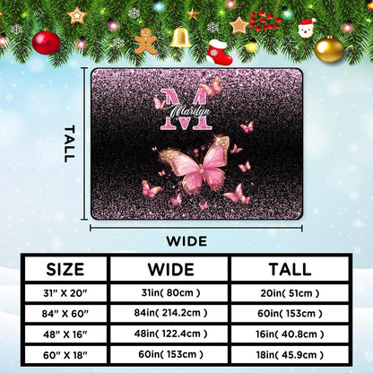 Personalized Family Name Initials Monogram Pink Rug, Shining Butterfly Printed Carpets for Girls Kids Butterfly Theme Living Room Indoor Bedroom Decor 5'×7' Soft Polyester Yoga Mat