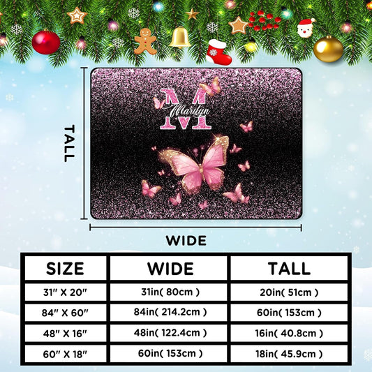 Personalized Family Name Initials Monogram Pink Rug, Shining Butterfly Printed Carpets for Girls Kids Butterfly Theme Living Room Indoor Bedroom Decor 5'×7' Soft Polyester Yoga Mat
