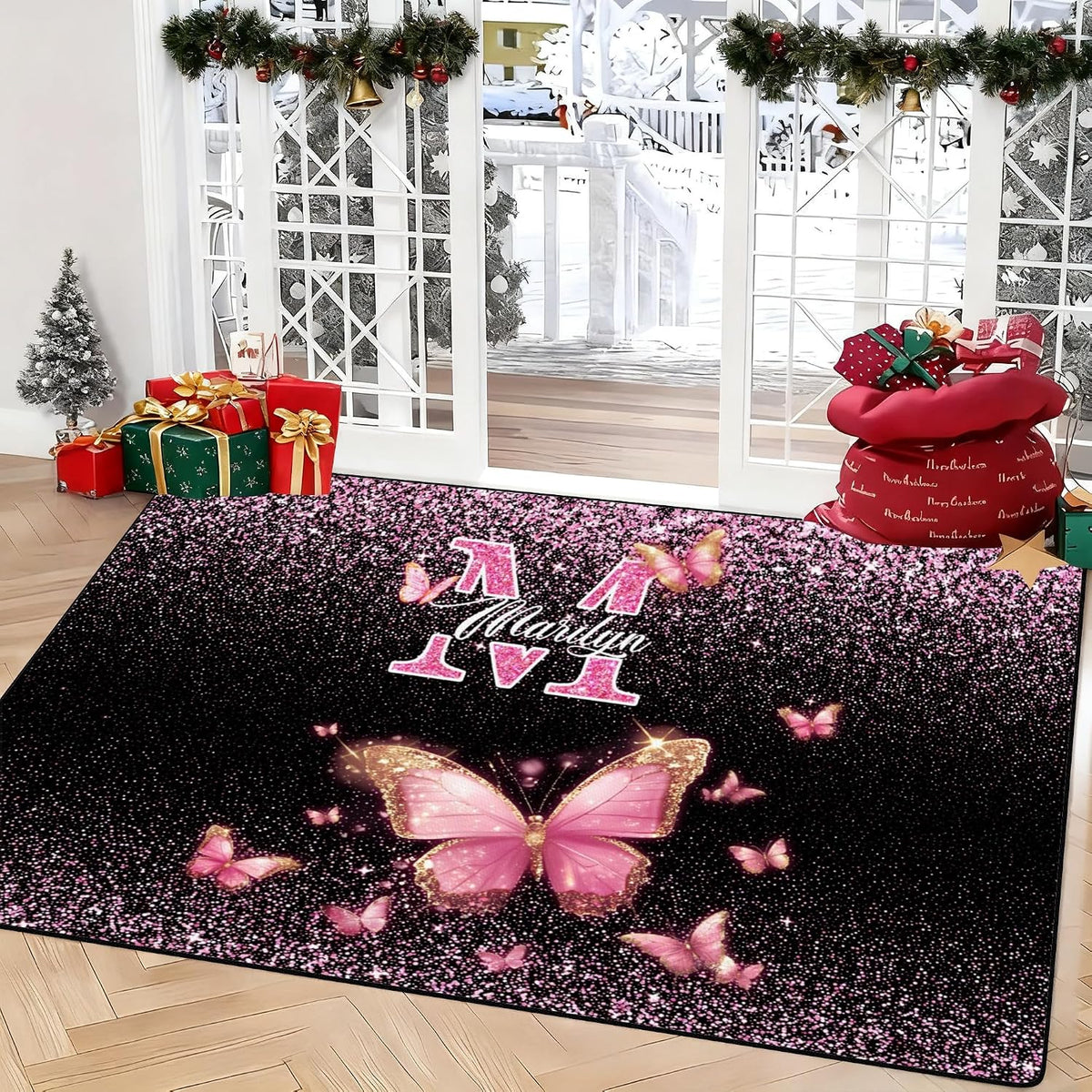 Personalized Family Name Initials Monogram Pink Rug, Shining Butterfly Printed Carpets for Girls Kids Butterfly Theme Living Room Indoor Bedroom Decor 5'×7' Soft Polyester Yoga Mat