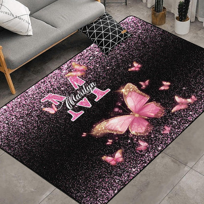Personalized Family Name Initials Monogram Pink Rug, Shining Butterfly Printed Carpets for Girls Kids Butterfly Theme Living Room Indoor Bedroom Decor 5'×7' Soft Polyester Yoga Mat