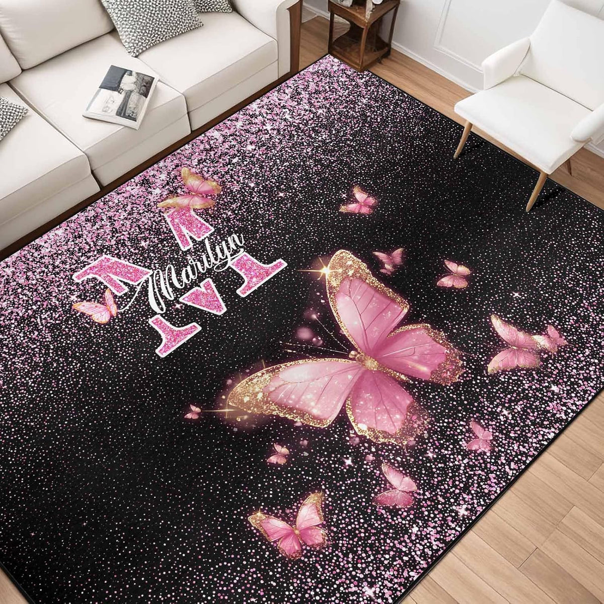 Personalized Family Name Initials Monogram Pink Rug, Shining Butterfly Printed Carpets for Girls Kids Butterfly Theme Living Room Indoor Bedroom Decor 5'×7' Soft Polyester Yoga Mat