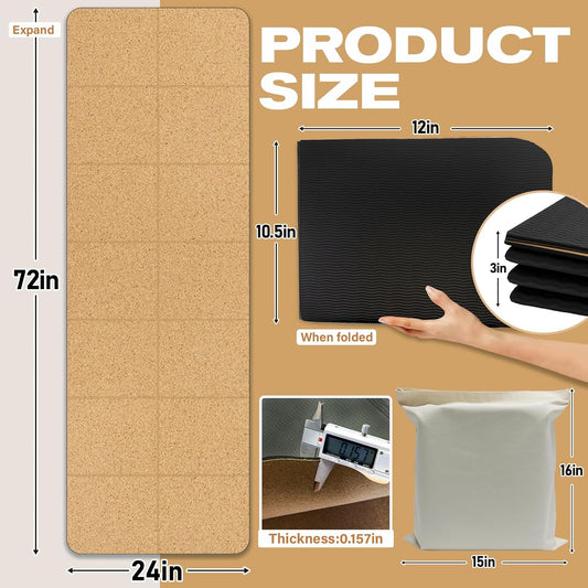 Foldable Cork Yoga Mat 72 * 24 in 4 mm Thick Sweat Resistant with Rubber Base Hot Yoga Mat with Storage Bag Lightweight Grip Mats for Travel and Pilates Fitness Home Workouts
