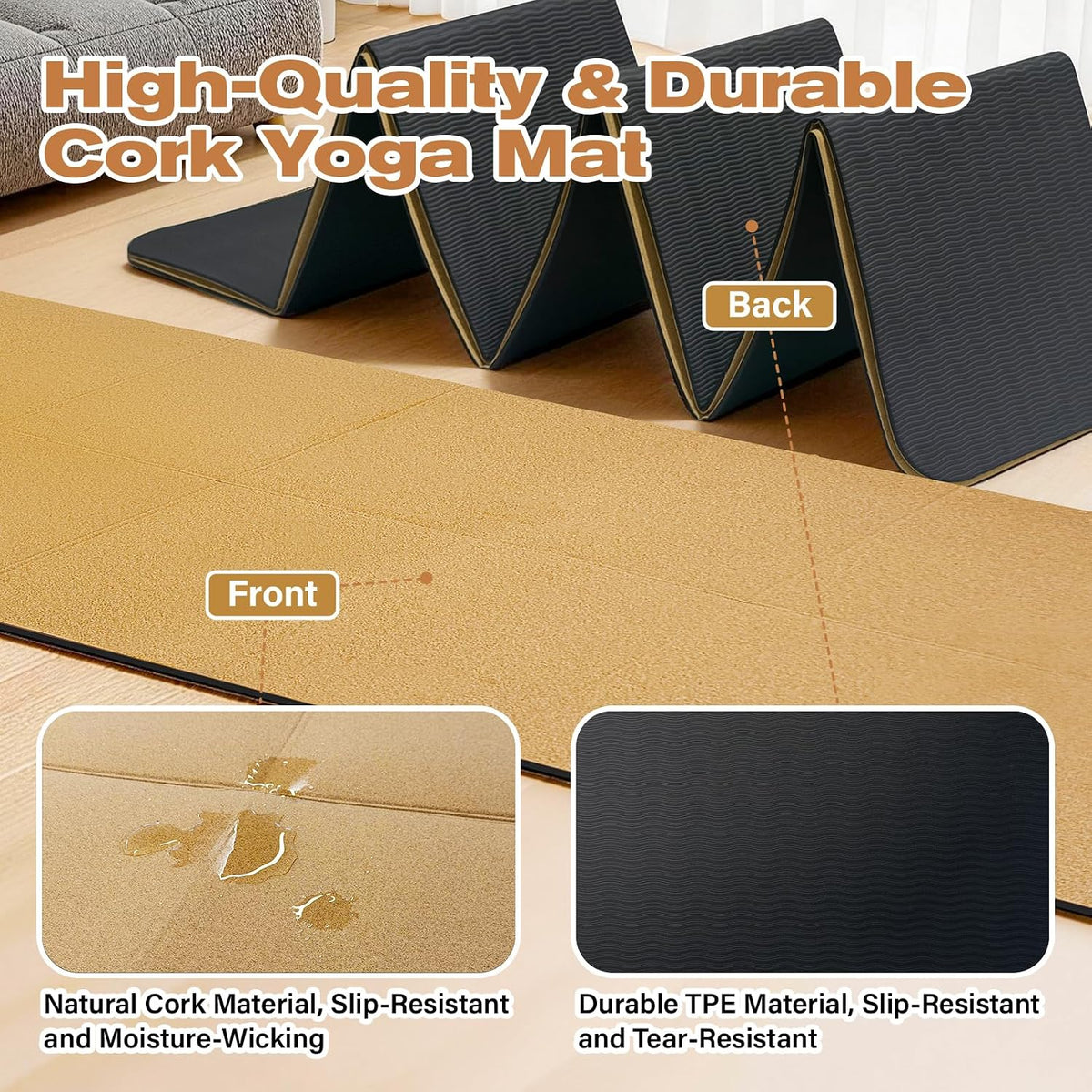 Foldable Cork Yoga Mat 72 * 24 in 4 mm Thick Sweat Resistant with Rubber Base Hot Yoga Mat with Storage Bag Lightweight Grip Mats for Travel and Pilates Fitness Home Workouts