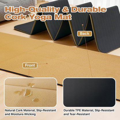 Foldable Cork Yoga Mat 72 * 24 in 4 mm Thick Sweat Resistant with Rubber Base Hot Yoga Mat with Storage Bag Lightweight Grip Mats for Travel and Pilates Fitness Home Workouts